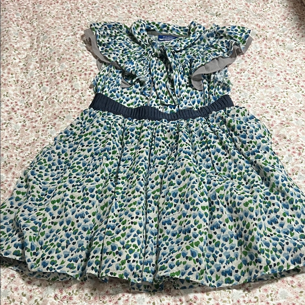 Burberry Blue Label Blue & Green Floral Print Ruffle Neck Top & Skirt Set